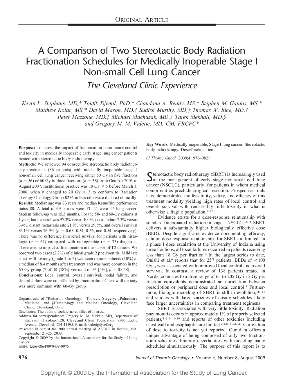 A Comparison of Two Stereotactic Body Radiation Fractionation Schedules for Medically Inoperable Stage I Non-small Cell Lung Cancer: The Cleveland Clinic Experience