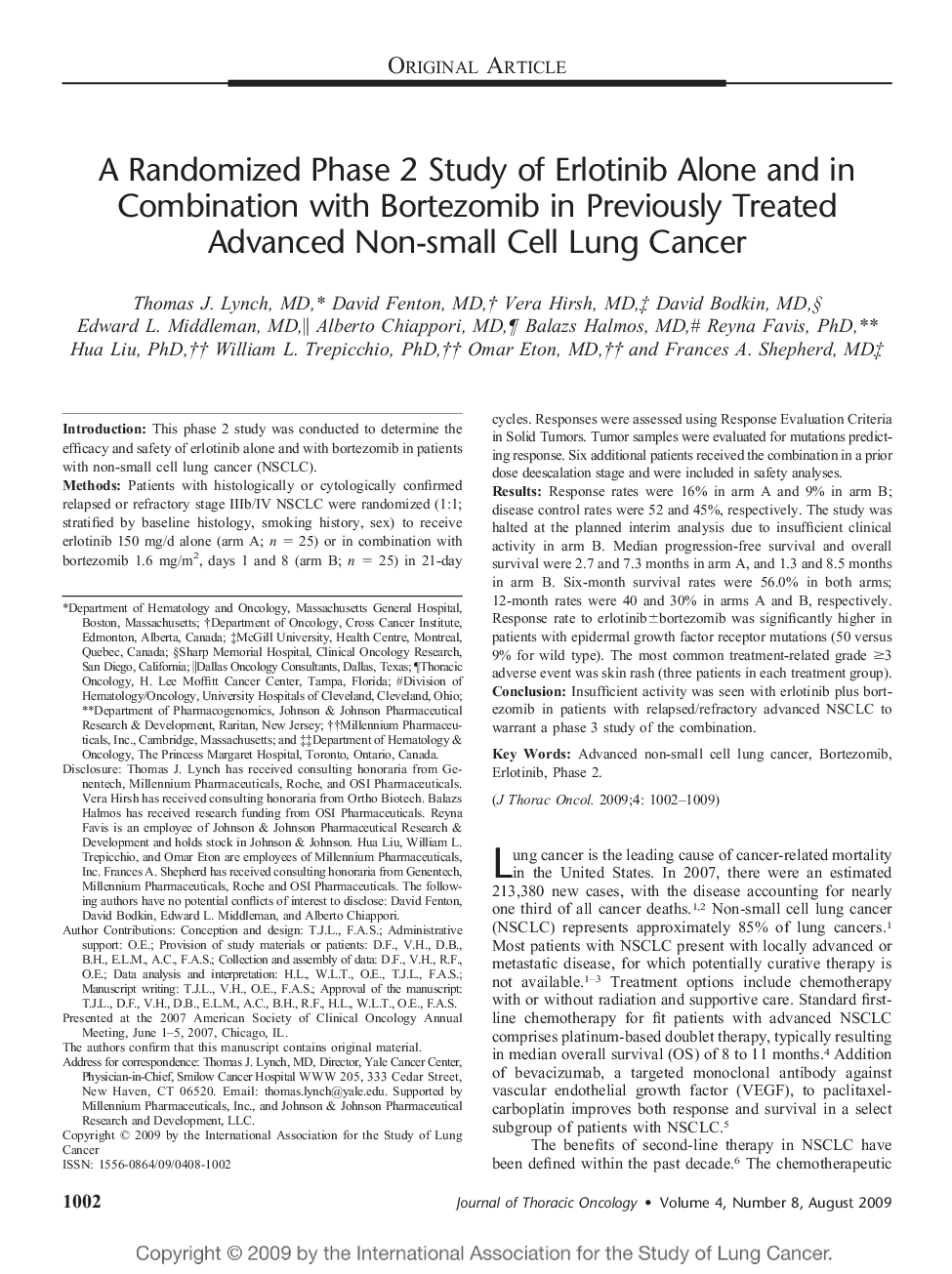 A Randomized Phase 2 Study of Erlotinib Alone and in Combination with Bortezomib in Previously Treated Advanced Non-small Cell Lung Cancer 