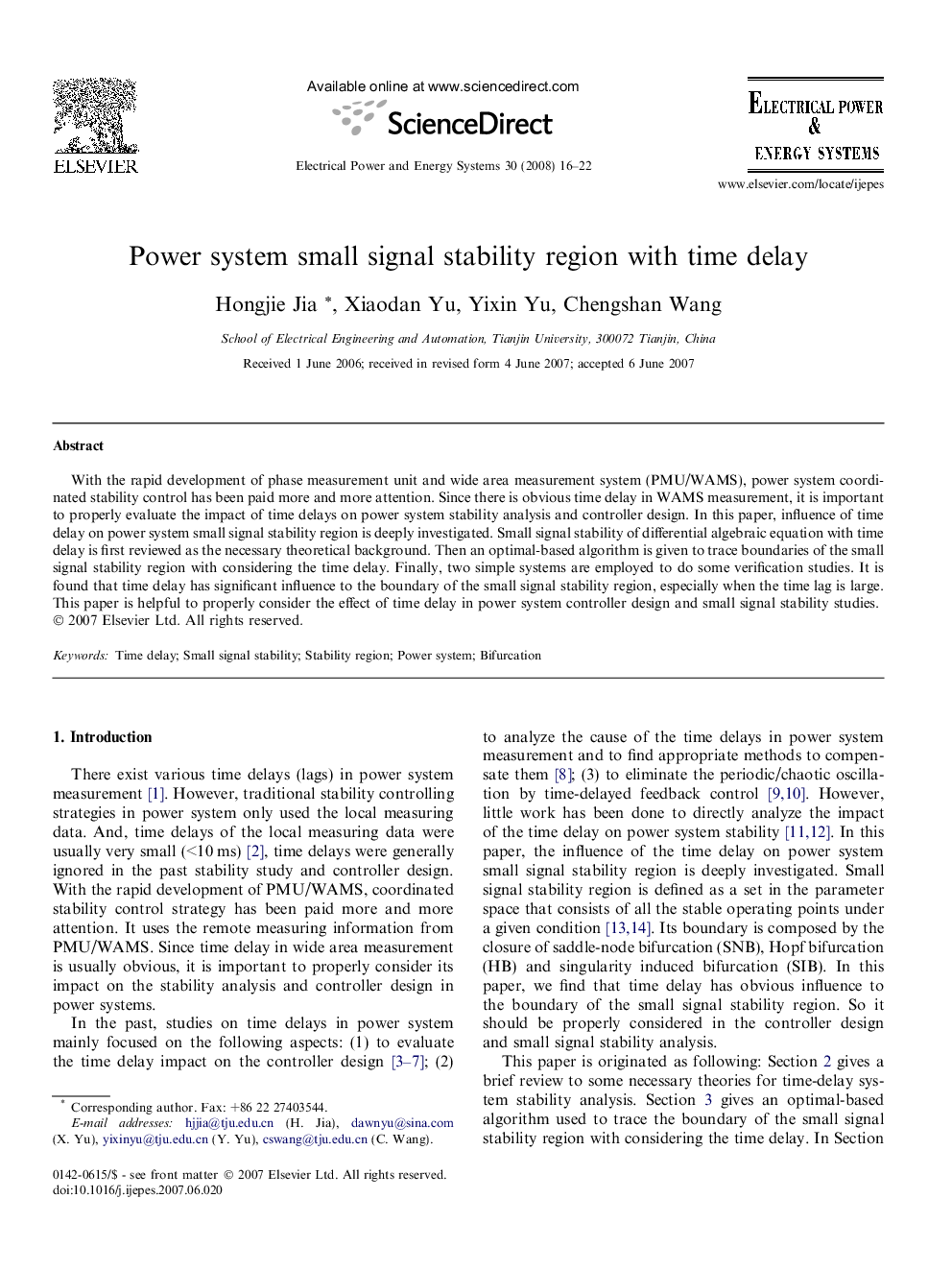 عکس صفحه اول مقاله: Power system small signal stability region with time delay Power system small signal stability region with time delay