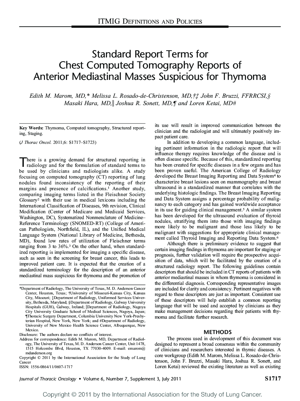 Standard Report Terms for Chest Computed Tomography Reports of Anterior Mediastinal Masses Suspicious for Thymoma