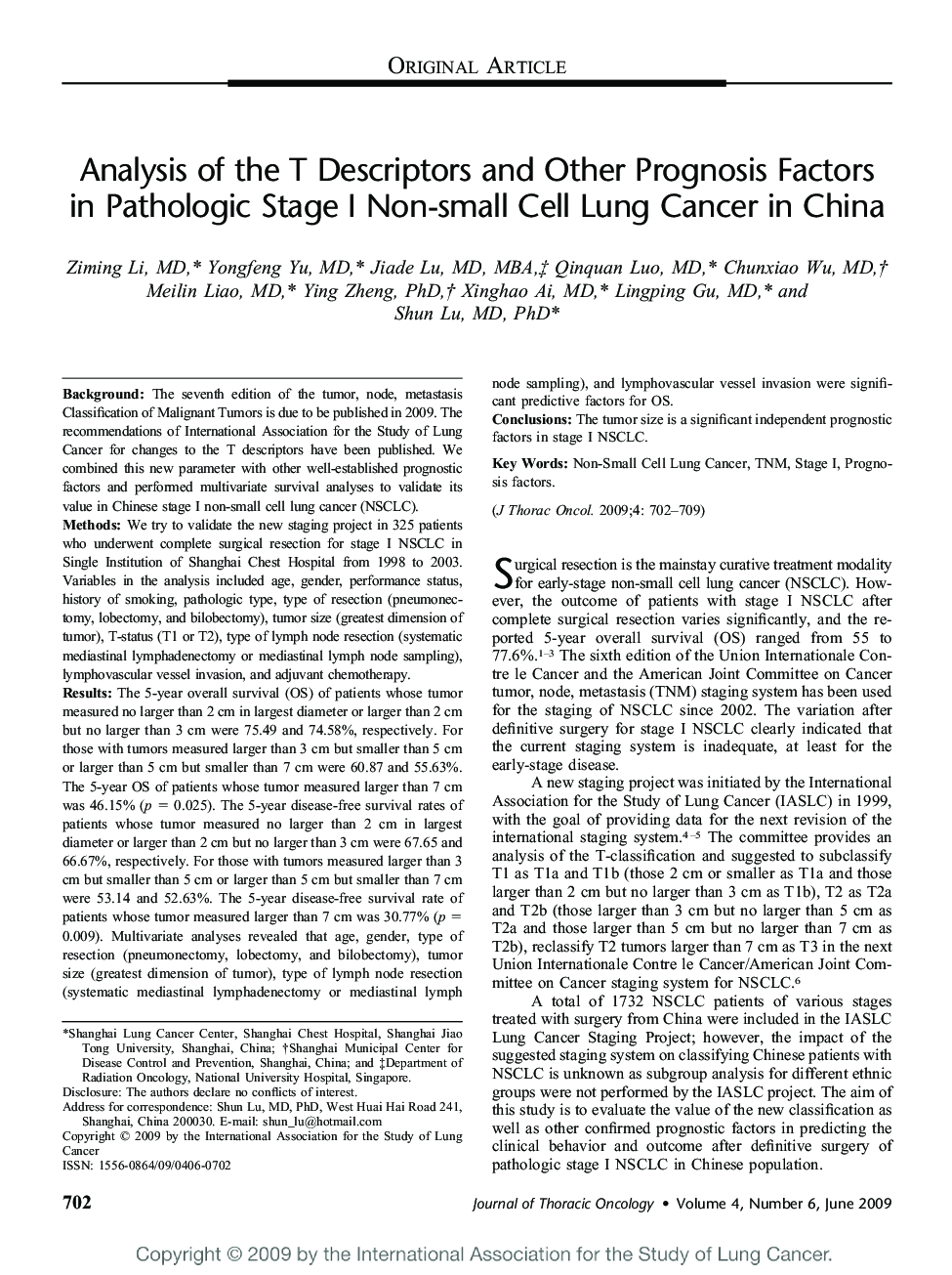 Analysis of the T Descriptors and Other Prognosis Factors in Pathologic Stage I Non-small Cell Lung Cancer in China 