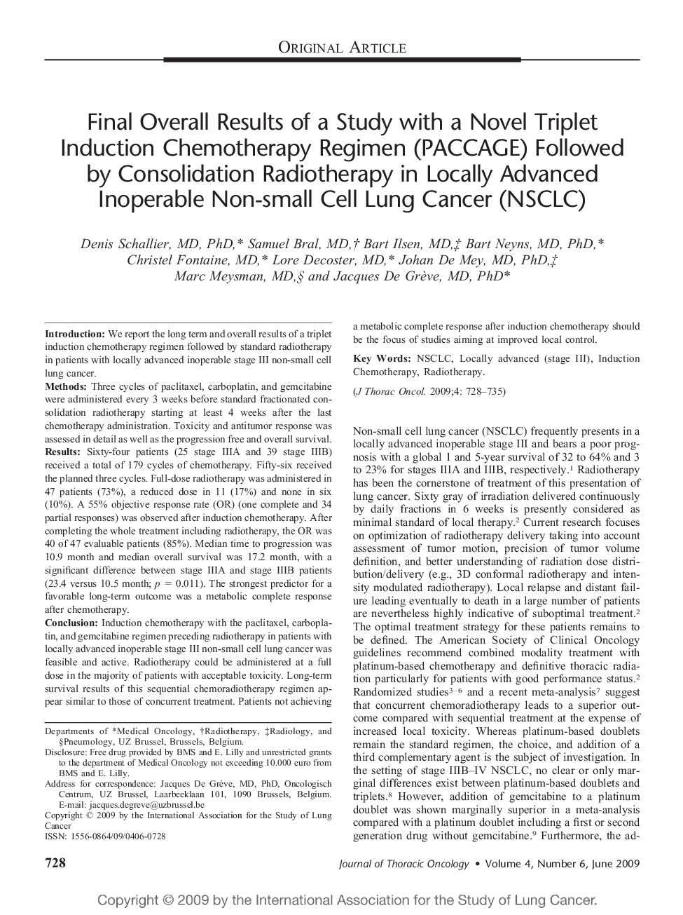 Final Overall Results of a Study with a Novel Triplet Induction Chemotherapy Regimen (PACCAGE) Followed by Consolidation Radiotherapy in Locally Advanced Inoperable Non-small Cell Lung Cancer (NSCLC) 