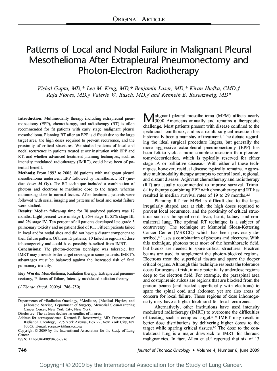 Patterns of Local and Nodal Failure in Malignant Pleural Mesothelioma After Extrapleural Pneumonectomy and Photon-Electron Radiotherapy 