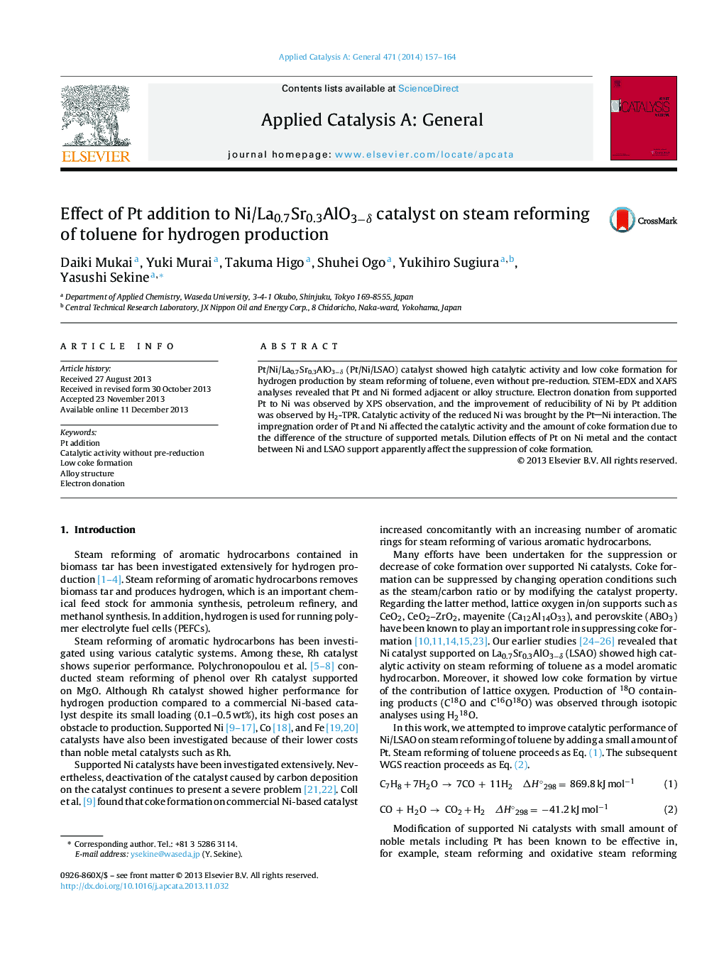 Effect of Pt addition to Ni/La0.7Sr0.3AlO3−δ catalyst on steam reforming of toluene for hydrogen production