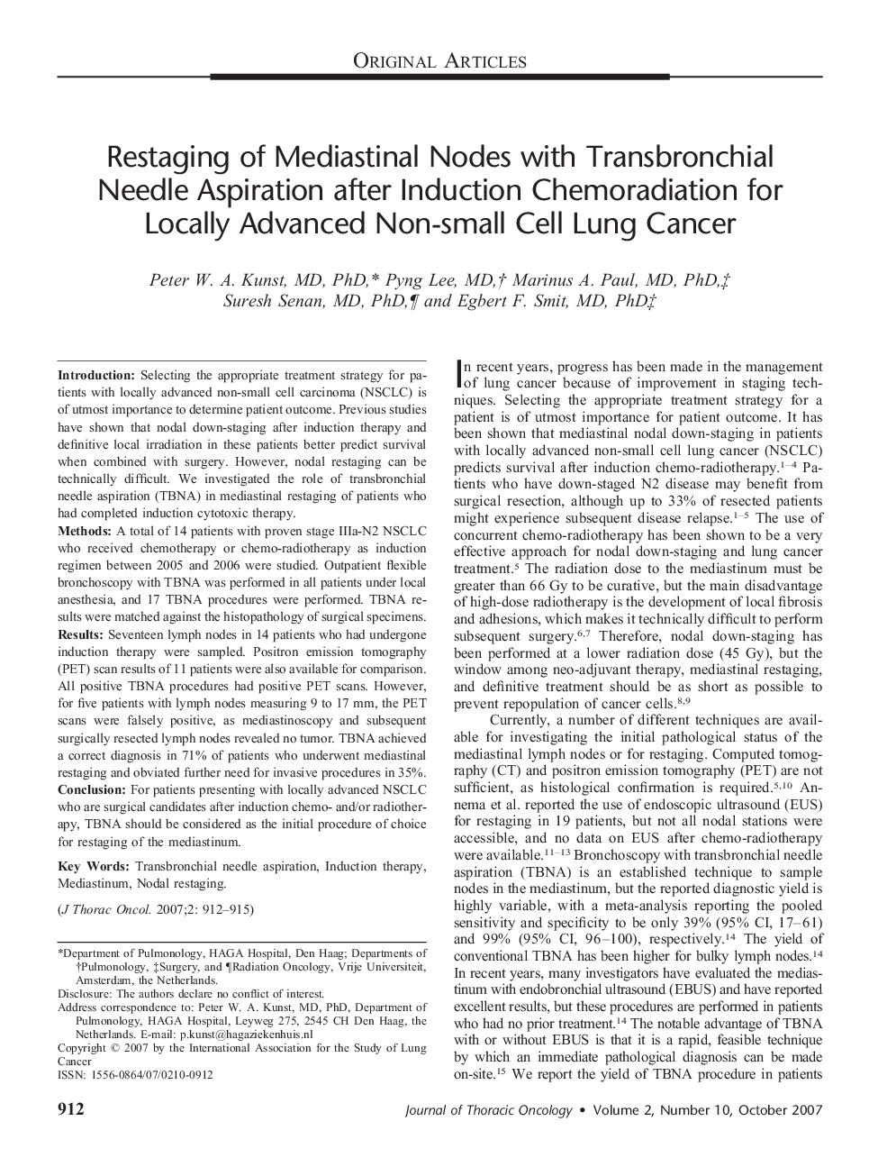 Restaging of Mediastinal Nodes with Transbronchial Needle Aspiration after Induction Chemoradiation for Locally Advanced Non-small Cell Lung Cancer 