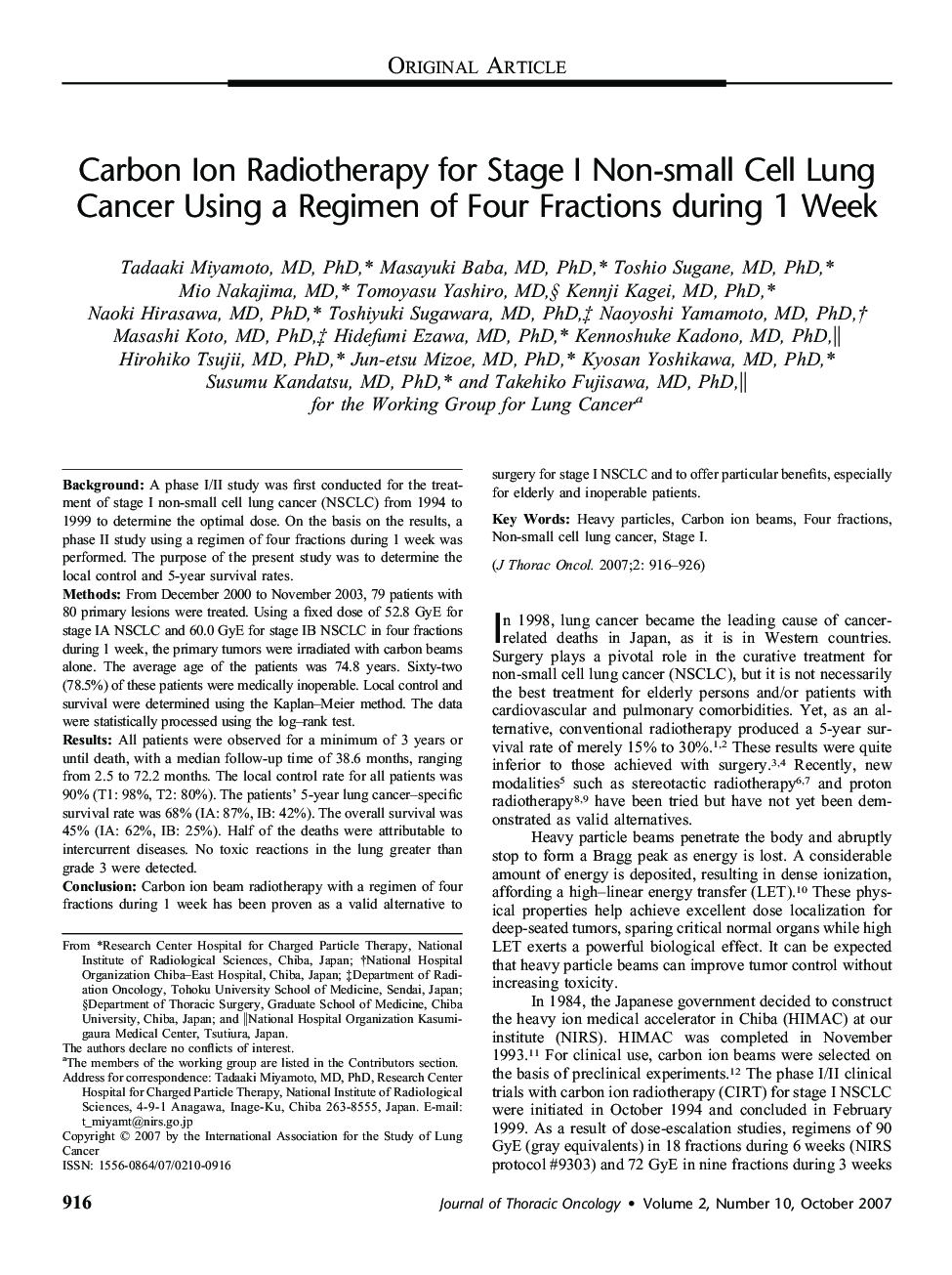 Carbon Ion Radiotherapy for Stage I Non-small Cell Lung Cancer Using a Regimen of Four Fractions during 1 Week 