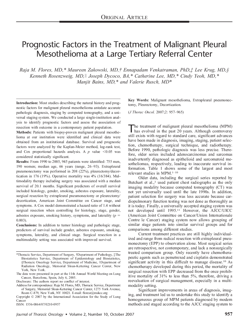 Prognostic Factors in the Treatment of Malignant Pleural Mesothelioma at a Large Tertiary Referral Center 