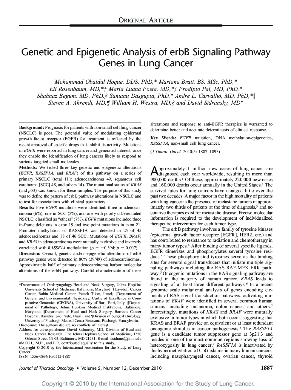 Genetic and Epigenetic Analysis of erbB Signaling Pathway Genes in Lung Cancer 