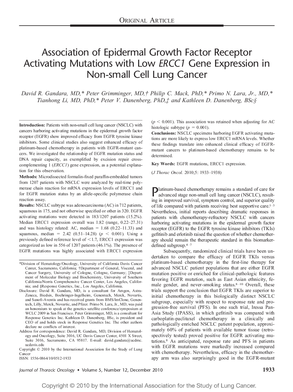 Association of Epidermal Growth Factor Receptor Activating Mutations with Low ERCC1 Gene Expression in Non-small Cell Lung Cancer 