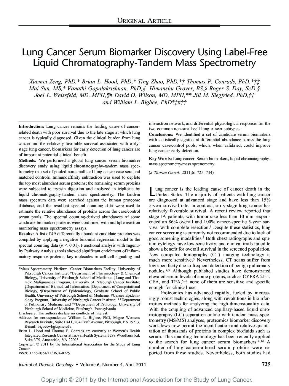 Lung Cancer Serum Biomarker Discovery Using Label-Free Liquid Chromatography-Tandem Mass Spectrometry 