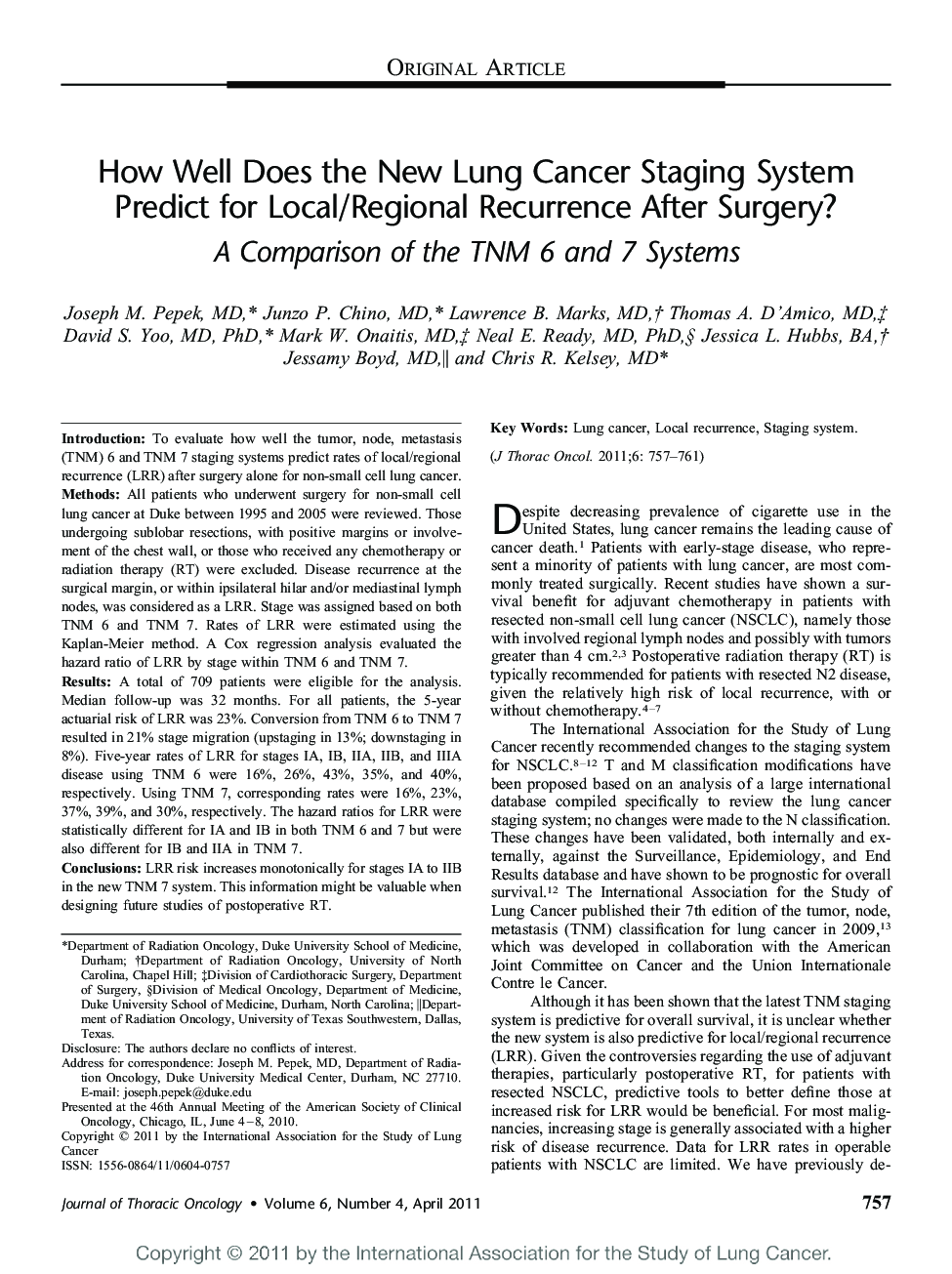 How Well Does the New Lung Cancer Staging System Predict for Local/Regional Recurrence After Surgery?: A Comparison of the TNM 6 and 7 Systems 