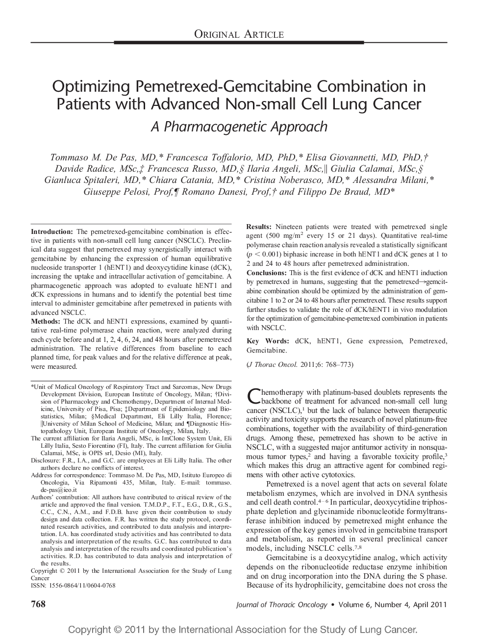 Optimizing Pemetrexed-Gemcitabine Combination in Patients with Advanced Non-small Cell Lung Cancer: A Pharmacogenetic Approach 