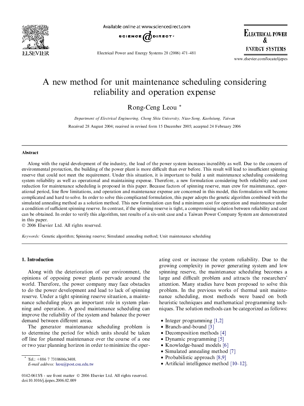 A new method for unit maintenance scheduling considering reliability and operation expense