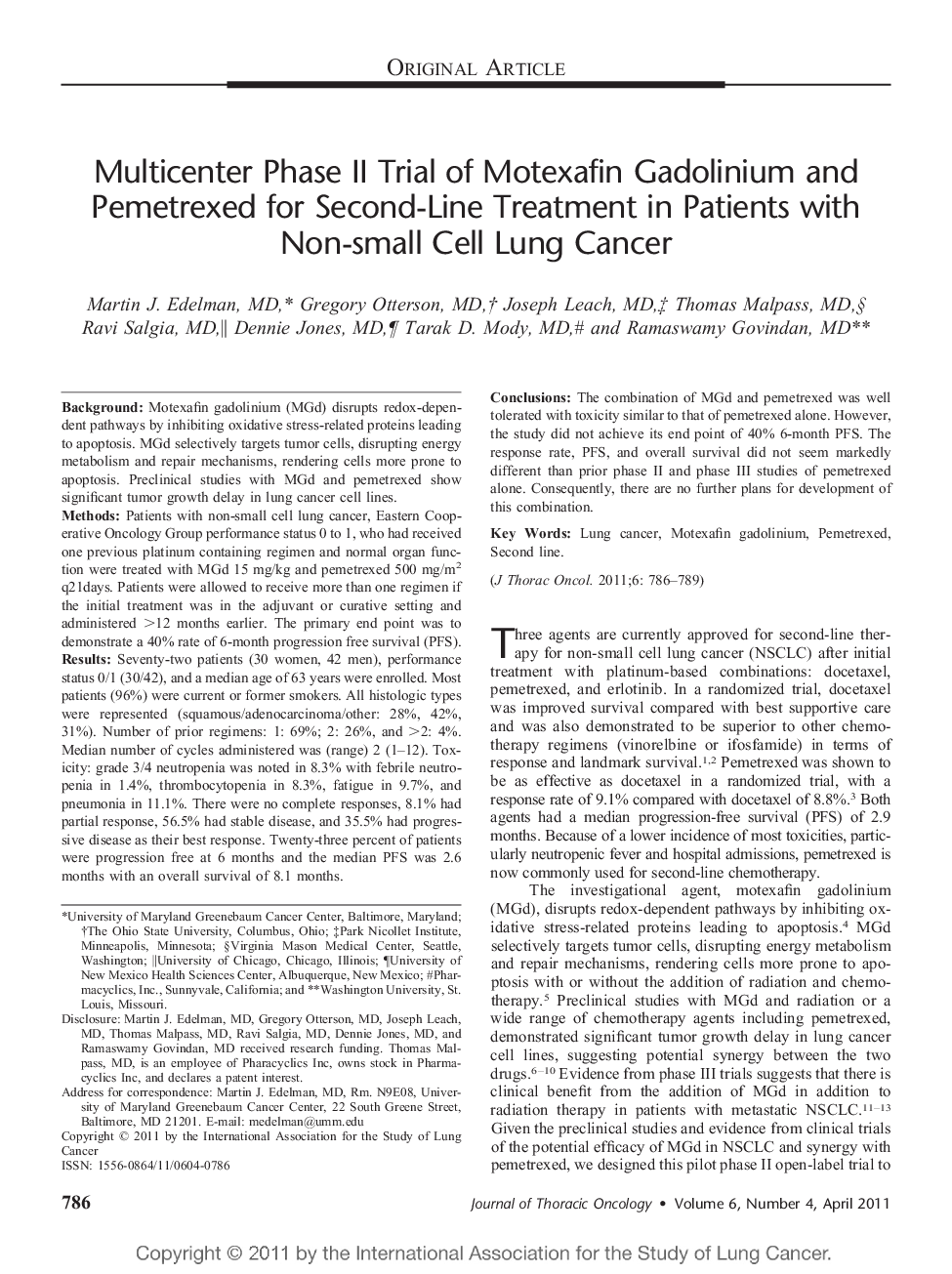 Multicenter Phase II Trial of Motexafin Gadolinium and Pemetrexed for Second-Line Treatment in Patients with Non-small Cell Lung Cancer 