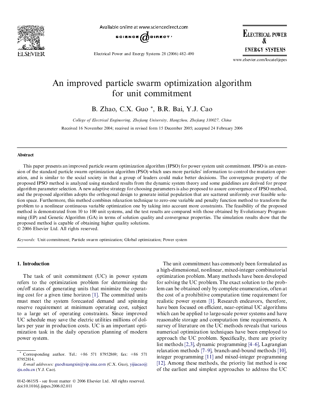 An improved particle swarm optimization algorithm for unit commitment