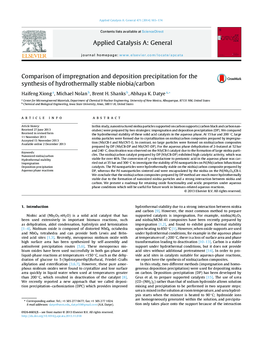 Comparison of impregnation and deposition precipitation for the synthesis of hydrothermally stable niobia/carbon