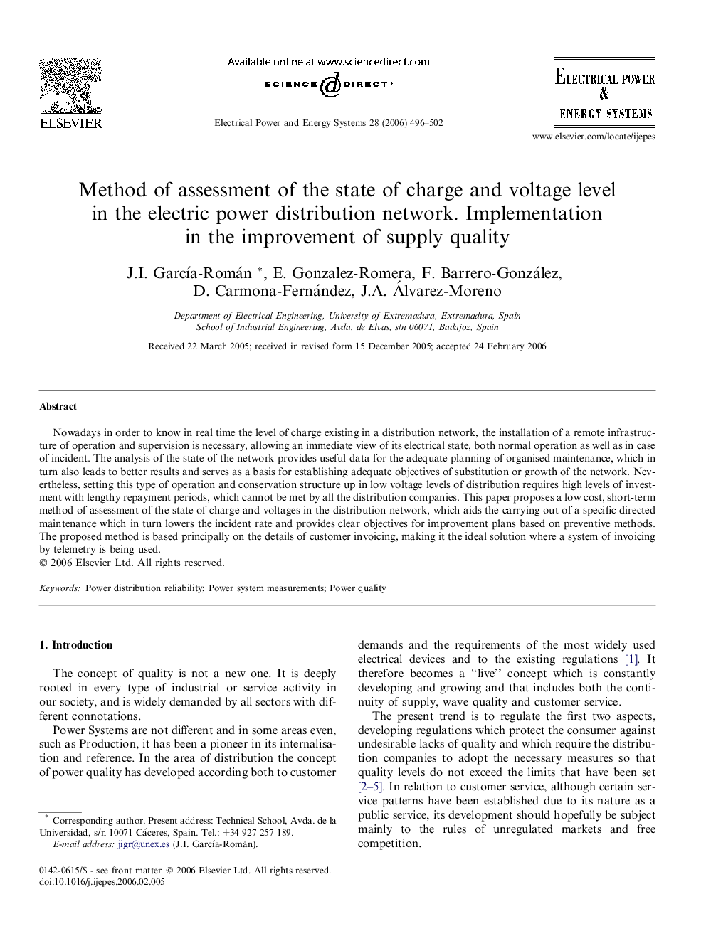 Method of assessment of the state of charge and voltage level in the electric power distribution network. Implementation in the improvement of supply quality