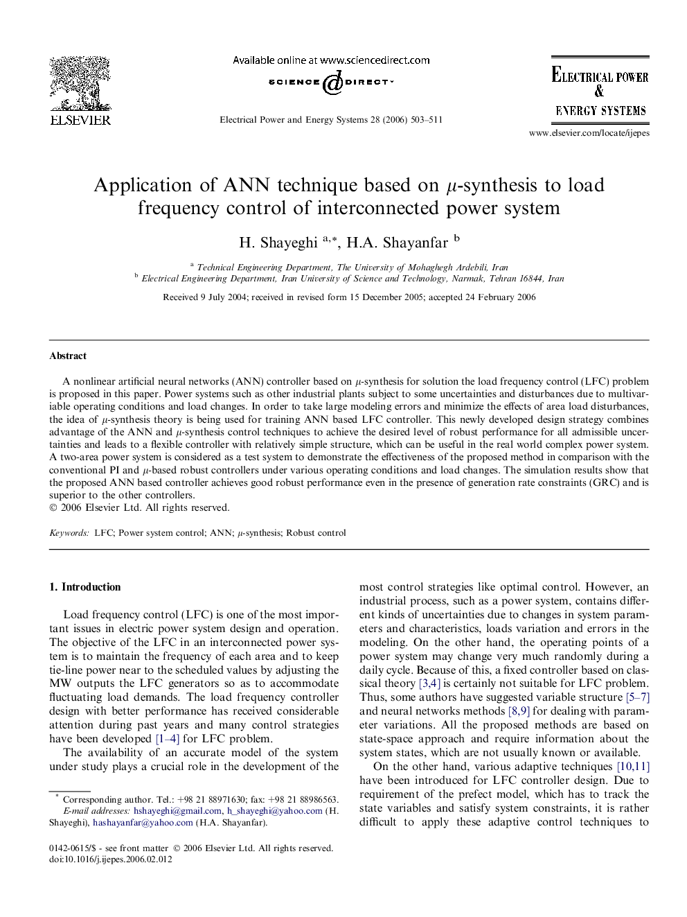 Application of ANN technique based on μ-synthesis to load frequency control of interconnected power system