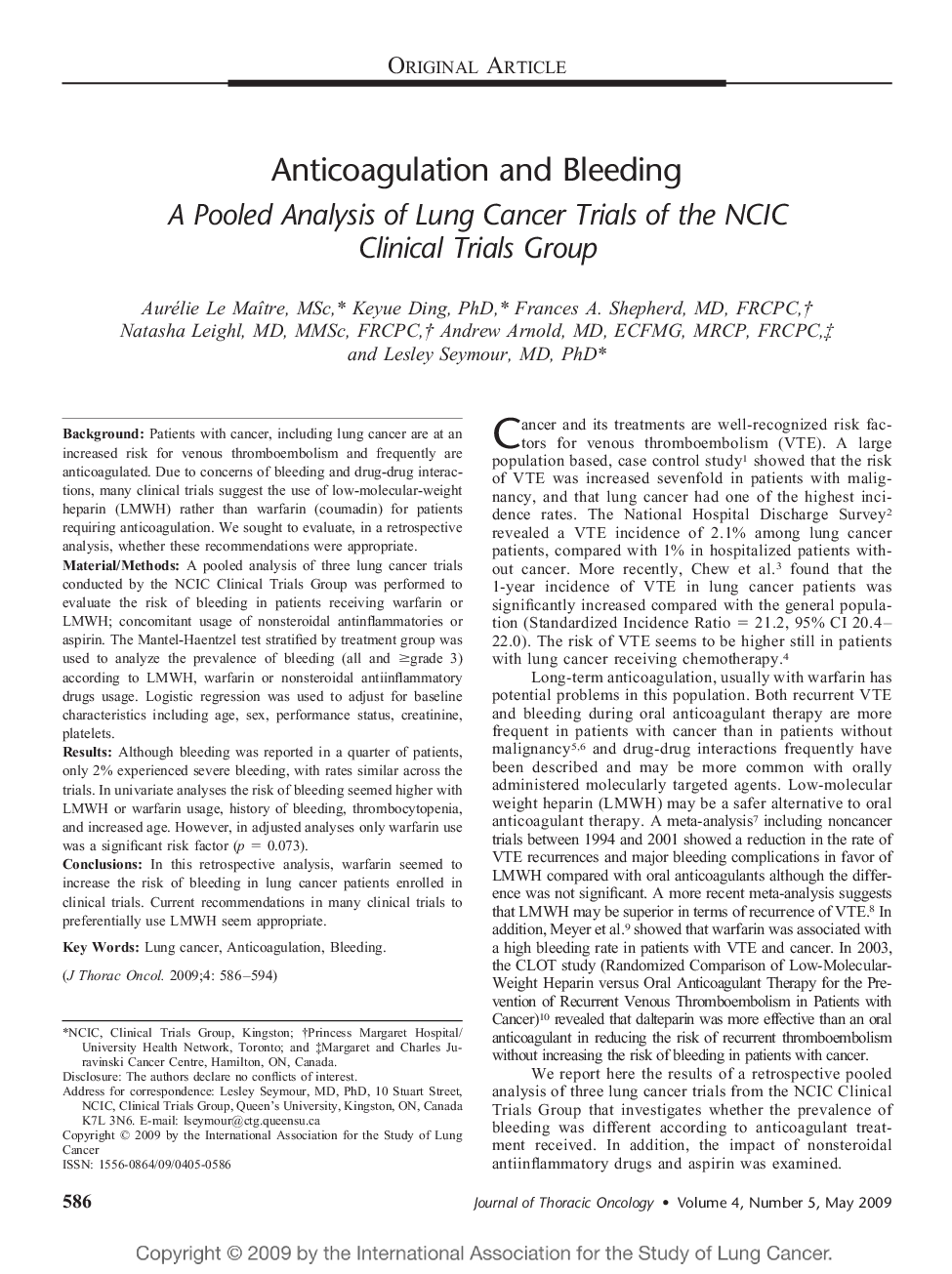 Anticoagulation and Bleeding: A Pooled Analysis of Lung Cancer Trials of the NCIC Clinical Trials Group 