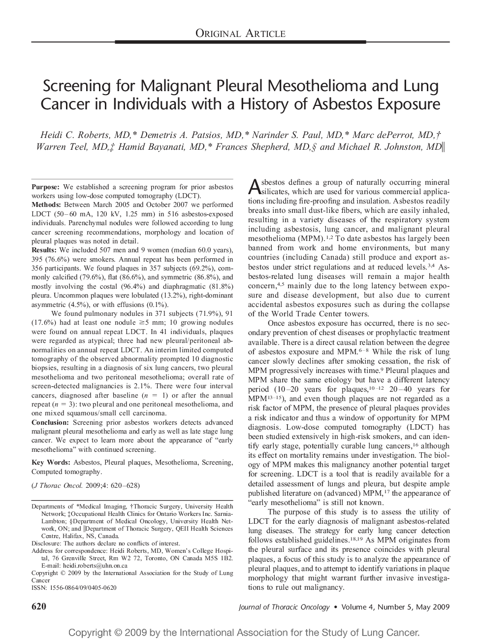 Screening for Malignant Pleural Mesothelioma and Lung Cancer in Individuals with a History of Asbestos Exposure 