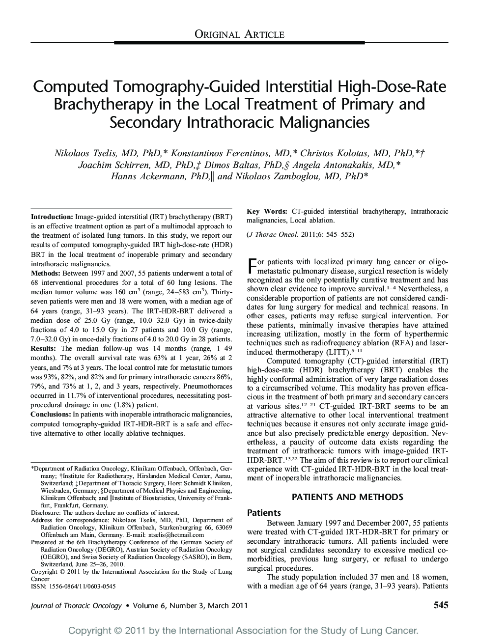 Computed Tomography-Guided Interstitial High-Dose-Rate Brachytherapy in the Local Treatment of Primary and Secondary Intrathoracic Malignancies 