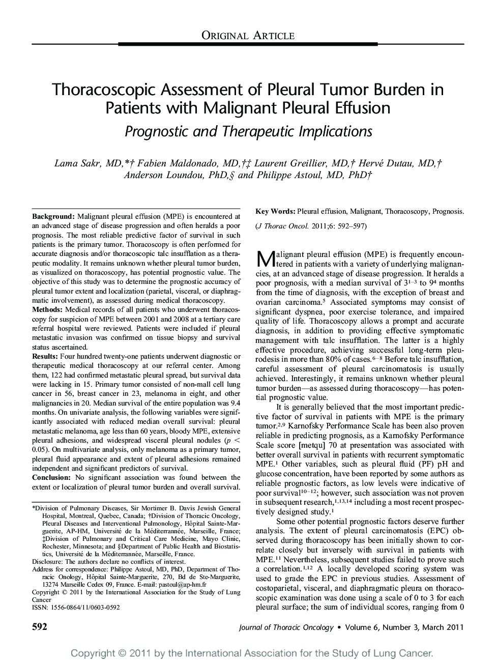 Thoracoscopic Assessment of Pleural Tumor Burden in Patients with Malignant Pleural Effusion: Prognostic and Therapeutic Implications 