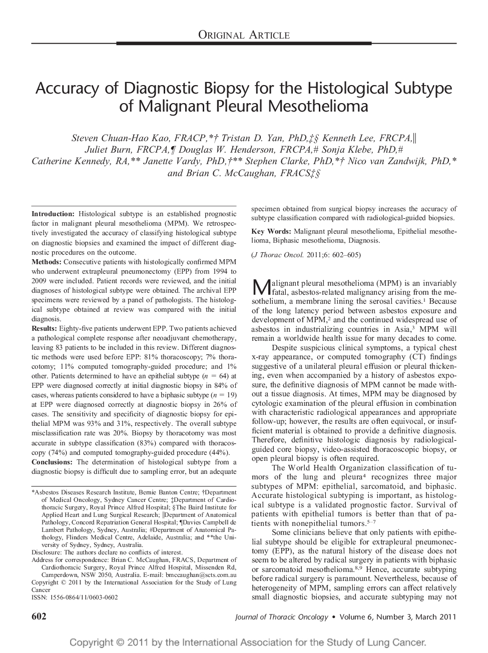 Accuracy of Diagnostic Biopsy for the Histological Subtype of Malignant Pleural Mesothelioma 