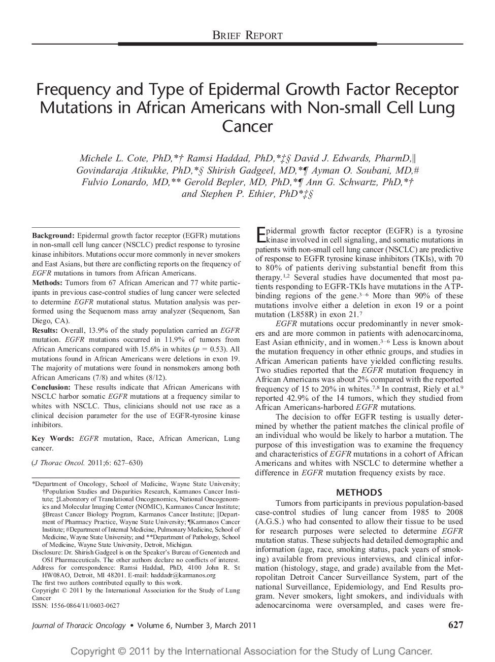 Frequency and Type of Epidermal Growth Factor Receptor Mutations in African Americans with Non-small Cell Lung Cancer 