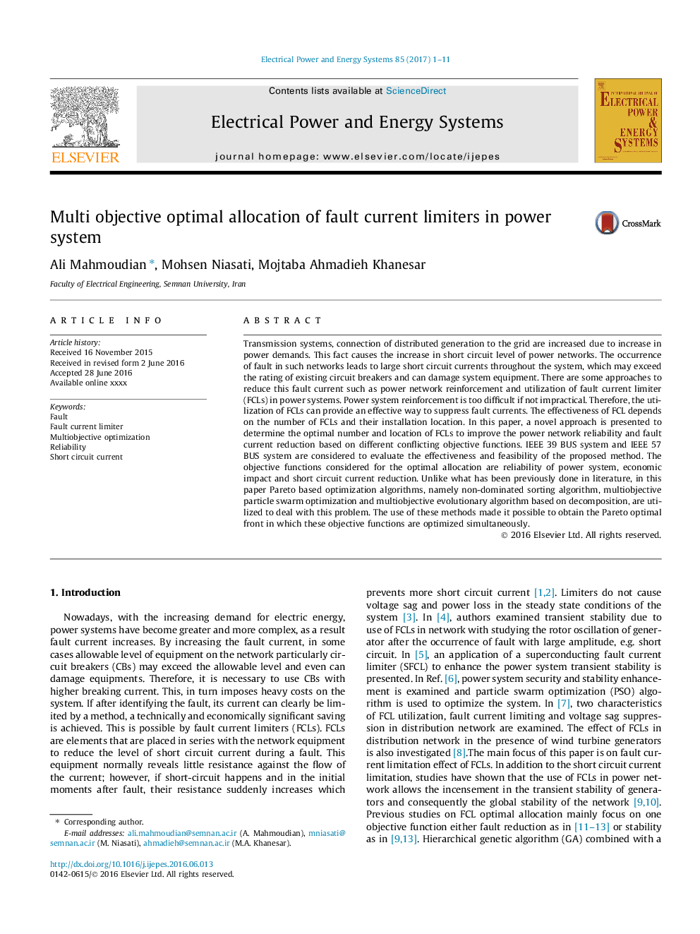 Multi objective optimal allocation of fault current limiters in power system