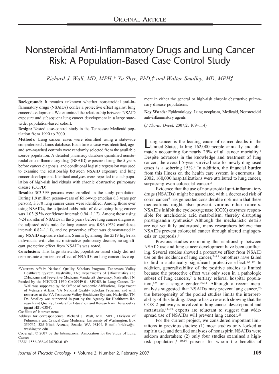 Nonsteroidal Anti-Inflammatory Drugs and Lung Cancer Risk: A Population-Based Case Control Study 