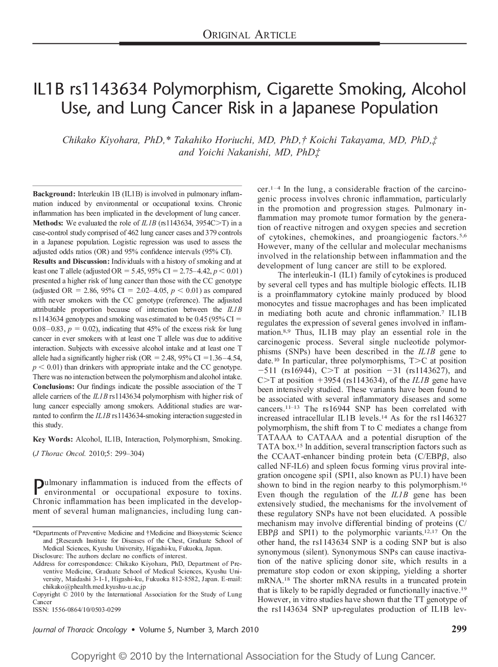 IL1B rs1143634 Polymorphism, Cigarette Smoking, Alcohol Use, and Lung Cancer Risk in a Japanese Population 