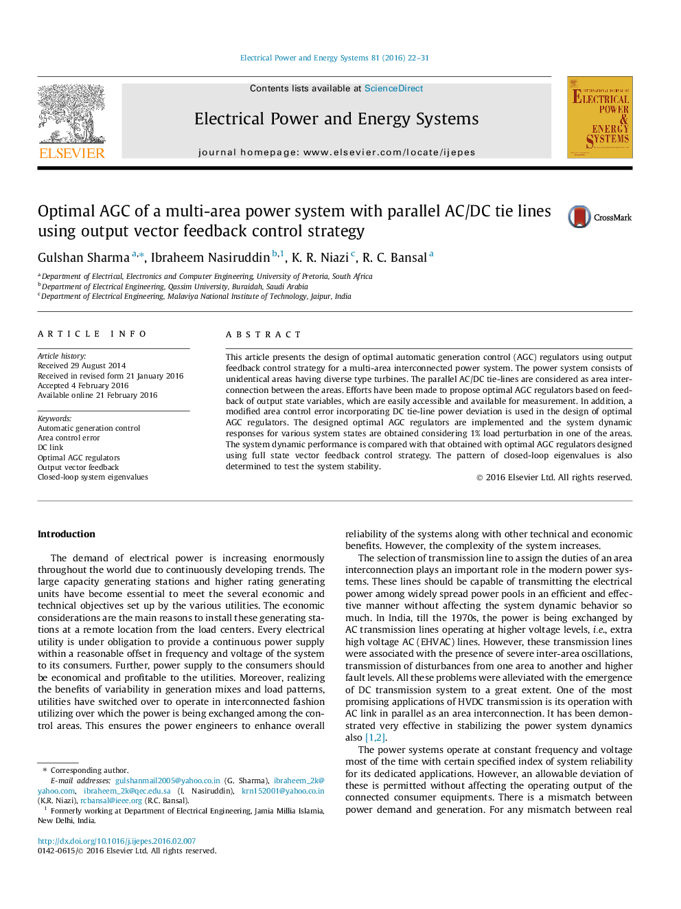 Optimal AGC of a multi-area power system with parallel AC/DC tie lines using output vector feedback control strategy