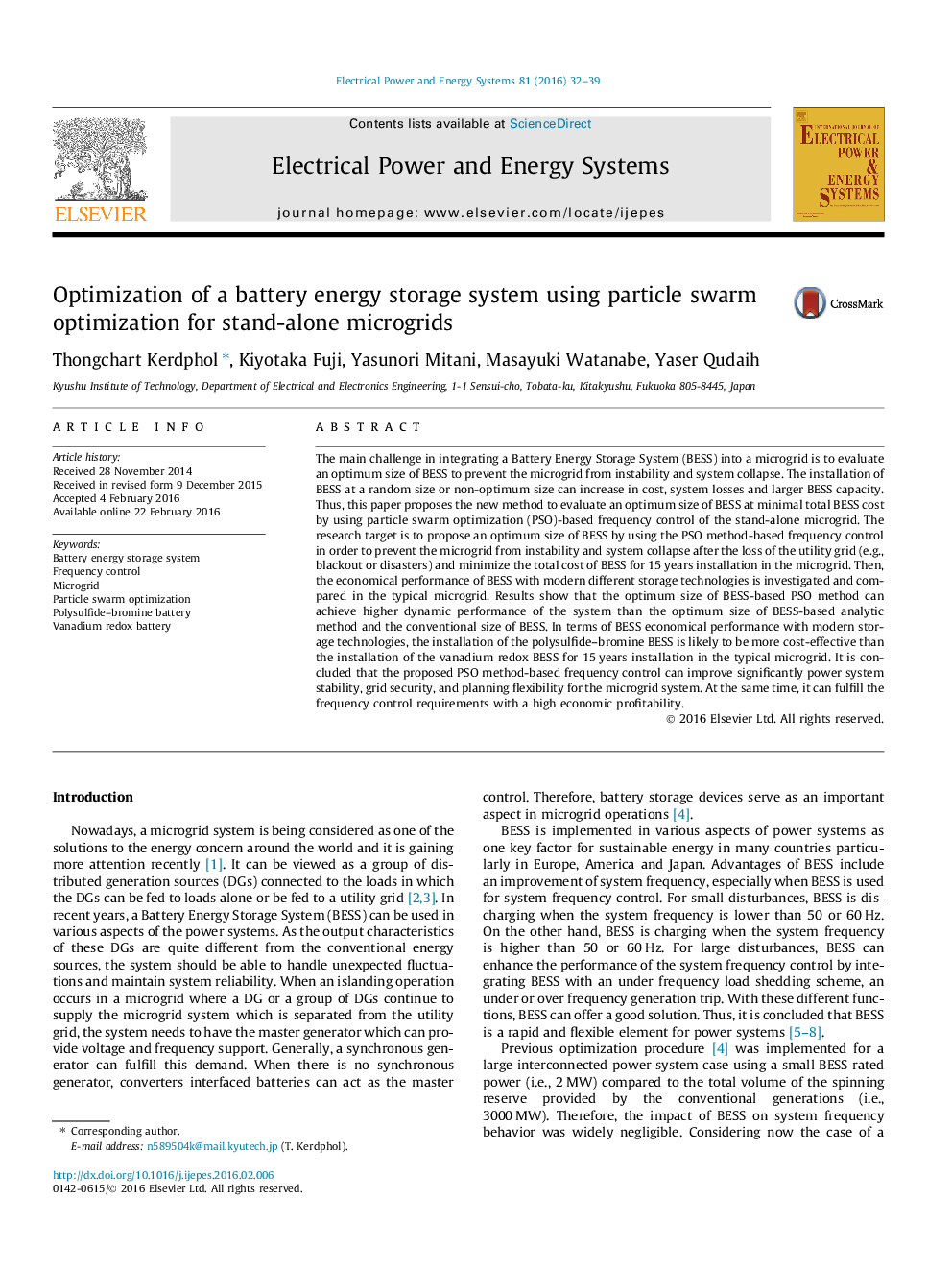 Optimization of a battery energy storage system using particle swarm optimization for stand-alone microgrids