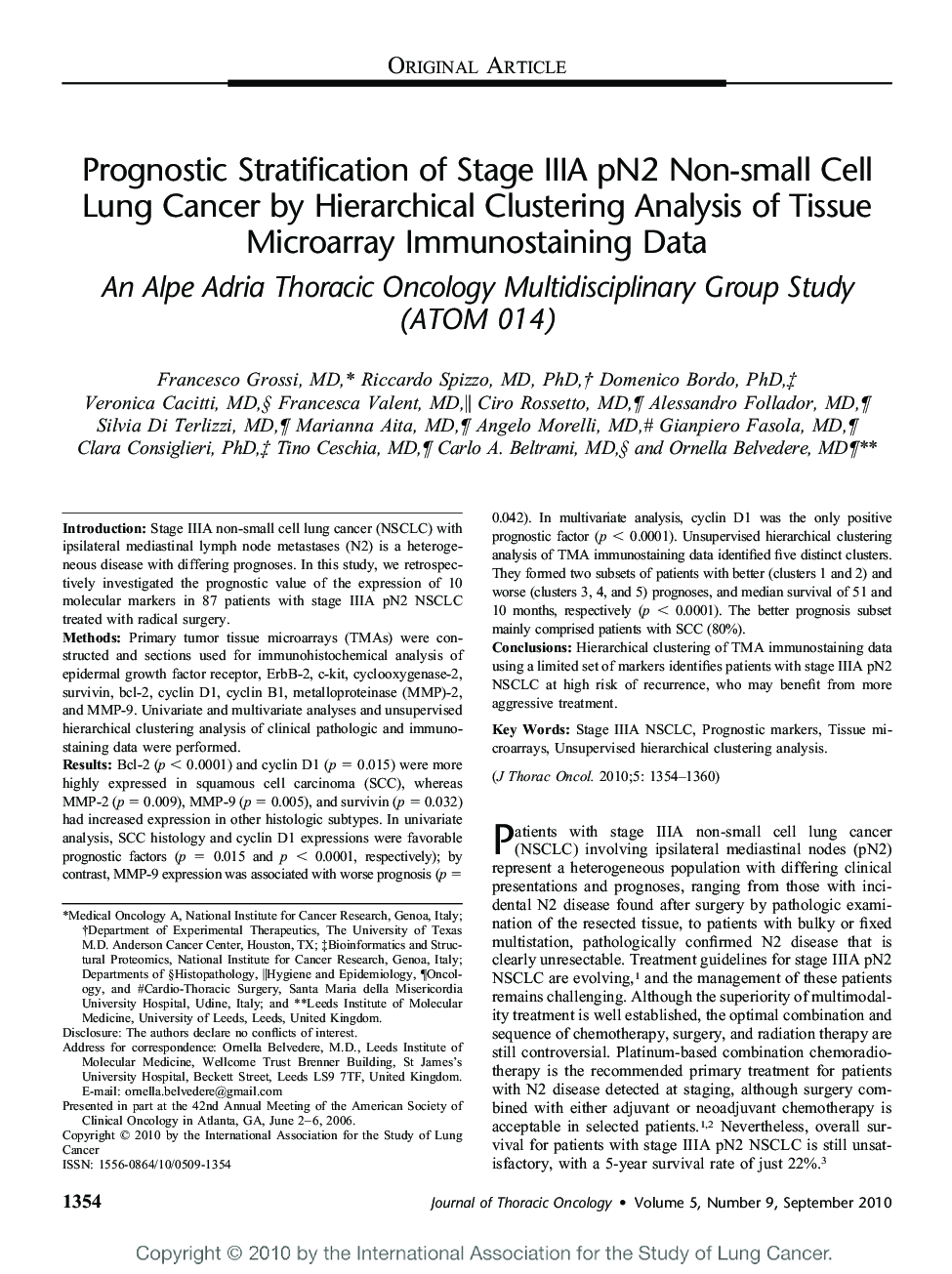 Prognostic Stratification of Stage IIIA pN2 Non-small Cell Lung Cancer by Hierarchical Clustering Analysis of Tissue Microarray Immunostaining Data: An Alpe Adria Thoracic Oncology Multidisciplinary Group Study (ATOM 014) 