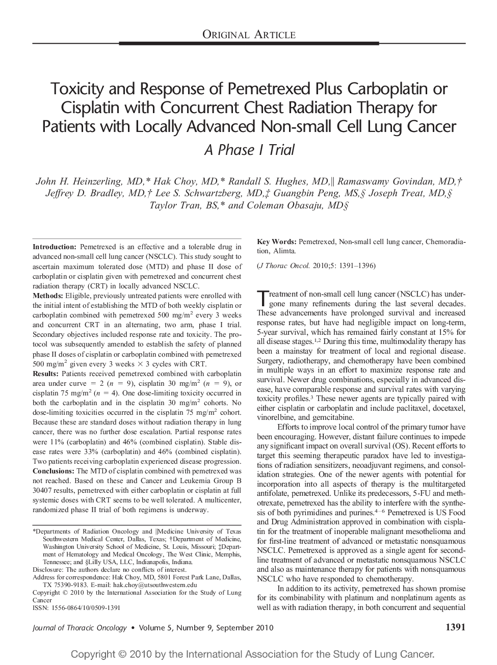 Toxicity and Response of Pemetrexed Plus Carboplatin or Cisplatin with Concurrent Chest Radiation Therapy for Patients with Locally Advanced Non-small Cell Lung Cancer: A Phase I Trial 