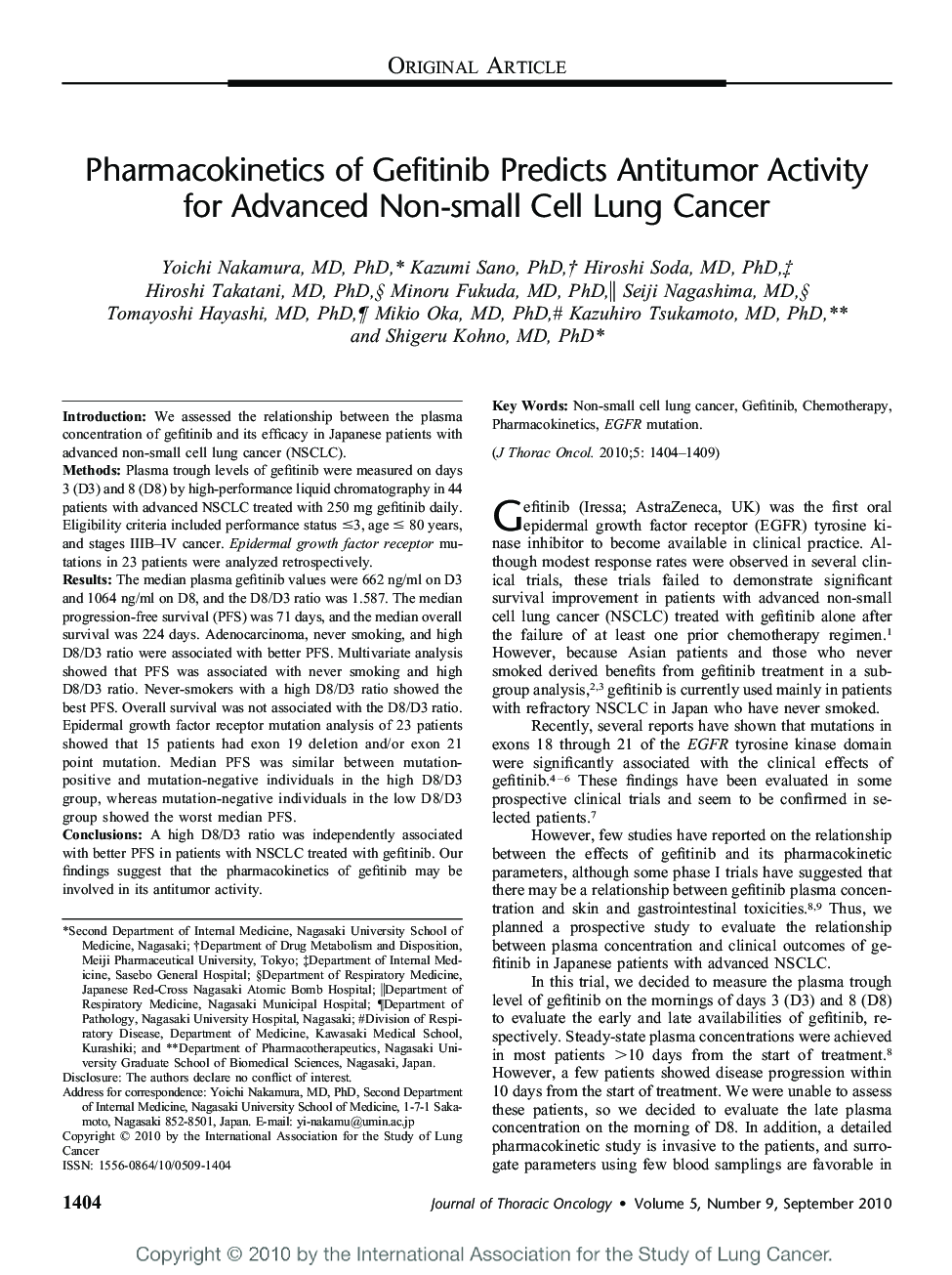 Pharmacokinetics of Gefitinib Predicts Antitumor Activity for Advanced Non-small Cell Lung Cancer 