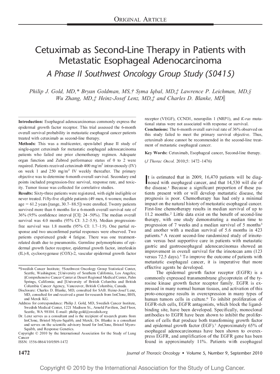 Cetuximab as Second-Line Therapy in Patients with Metastatic Esophageal Adenocarcinoma: A Phase II Southwest Oncology Group Study (S0415) 