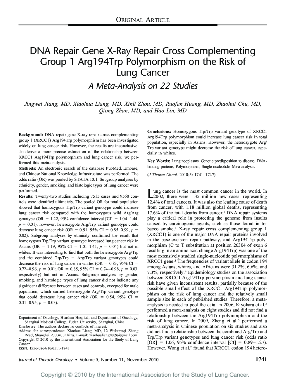 DNA Repair Gene X-Ray Repair Cross Complementing Group 1 Arg194Trp Polymorphism on the Risk of Lung Cancer: A Meta-Analysis on 22 Studies 