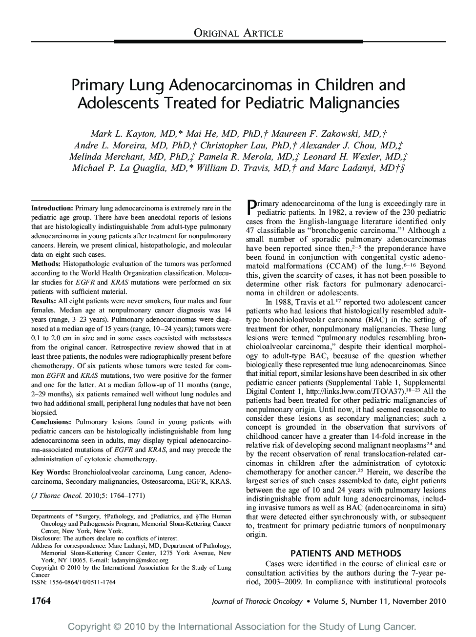 Primary Lung Adenocarcinomas in Children and Adolescents Treated for Pediatric Malignancies 