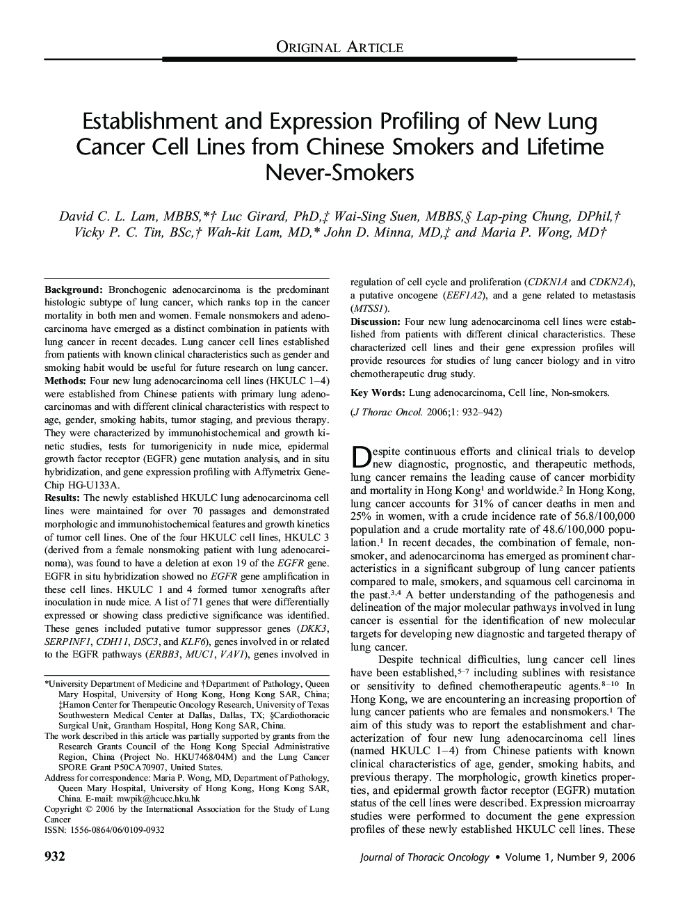 Establishment and Expression Profiling of New Lung Cancer Cell Lines from Chinese Smokers and Lifetime Never-Smokers 