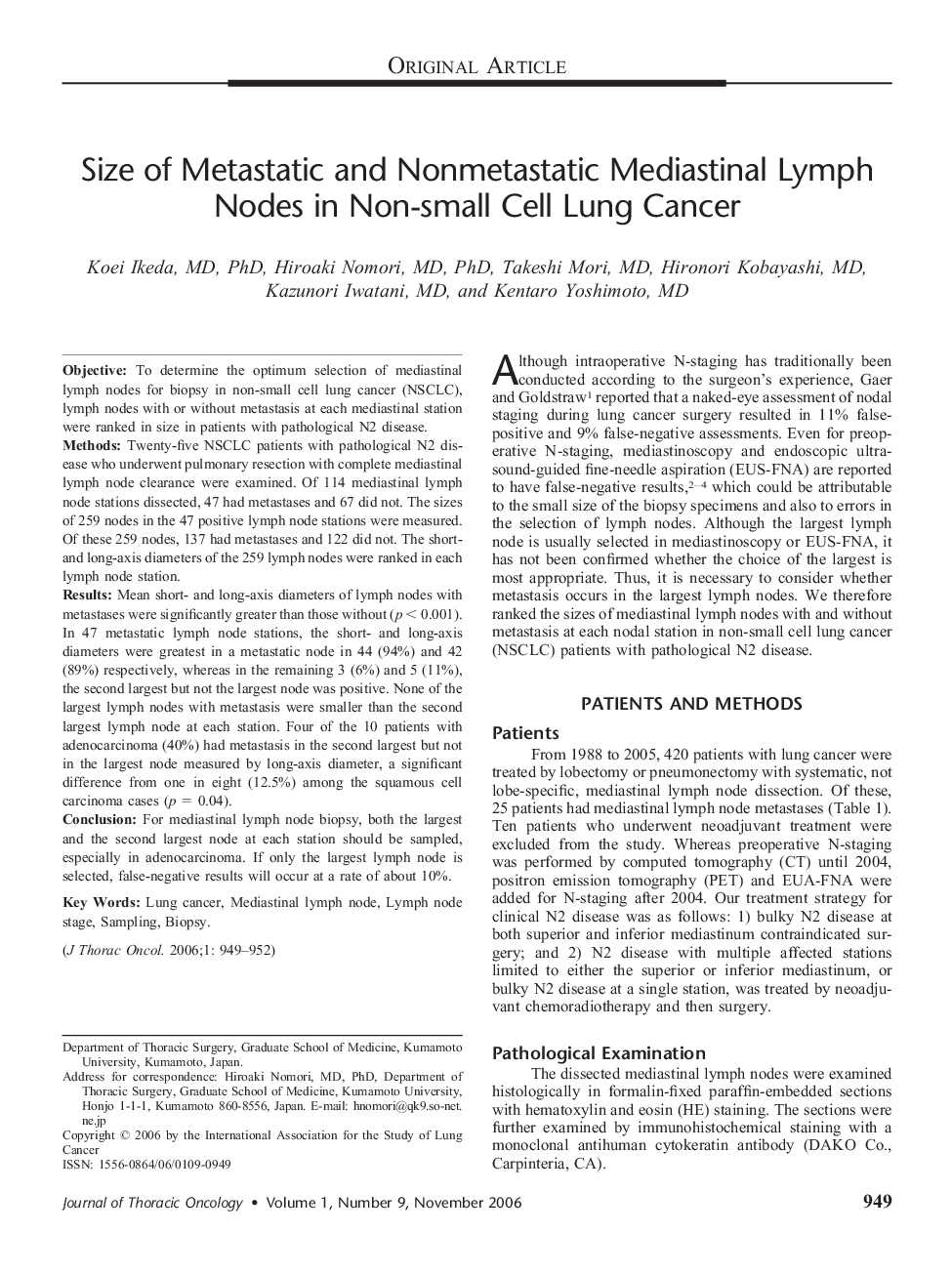 Size of Metastatic and Nonmetastatic Mediastinal Lymph Nodes in Non-small Cell Lung Cancer