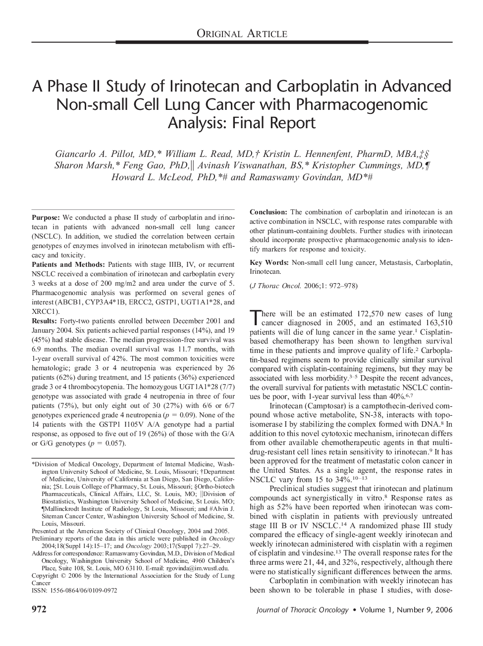 A Phase II Study of Irinotecan and Carboplatin in Advanced Non-small Cell Lung Cancer with Pharmacogenomic Analysis: Final Report