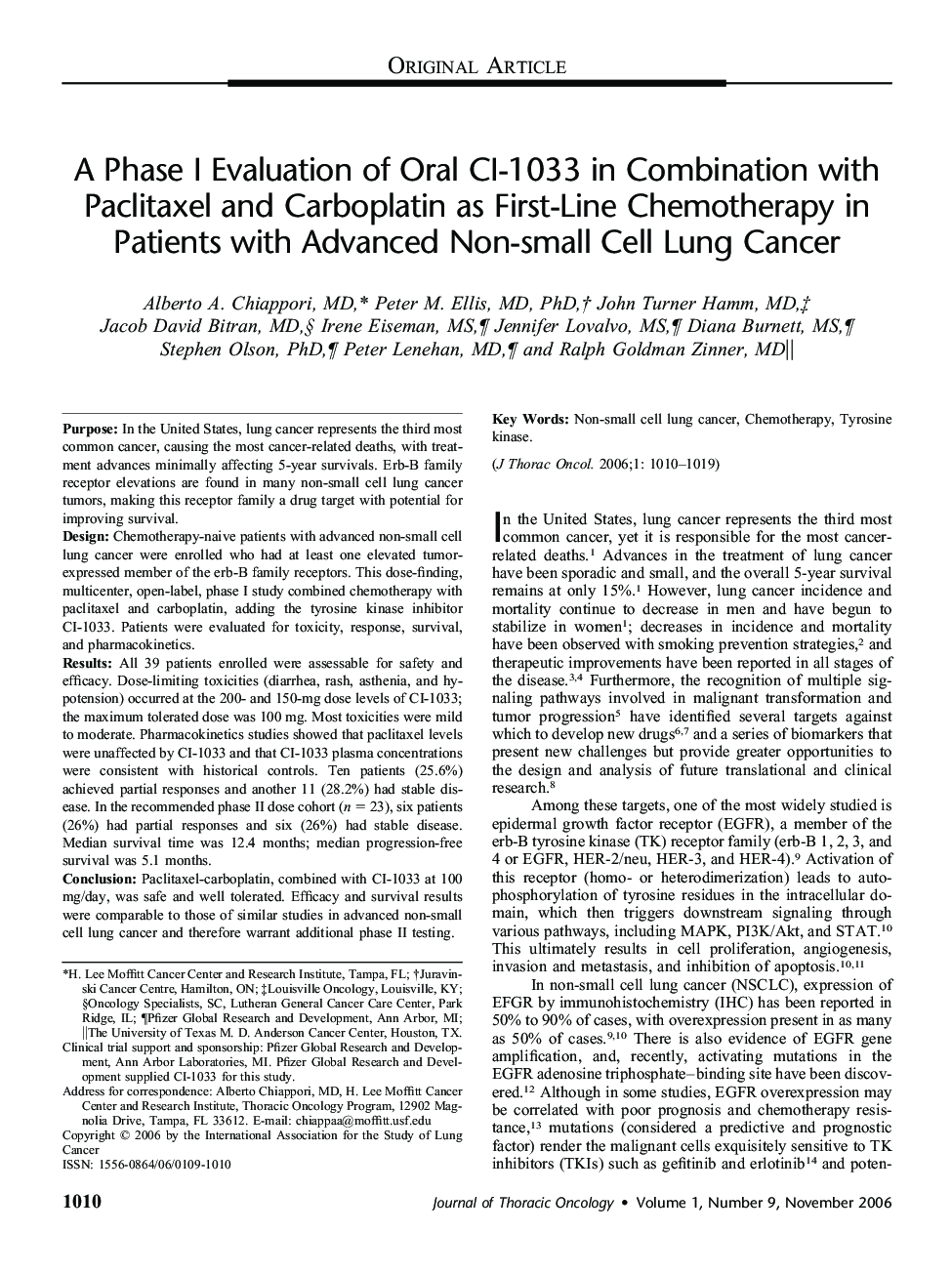 A Phase I Evaluation of Oral CI-1033 in Combination with Paclitaxel and Carboplatin as First-Line Chemotherapy in Patients with Advanced Non-small Cell Lung Cancer 