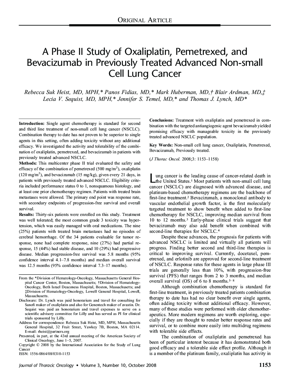 A Phase II Study of Oxaliplatin, Pemetrexed, and Bevacizumab in Previously Treated Advanced Non-small Cell Lung Cancer 