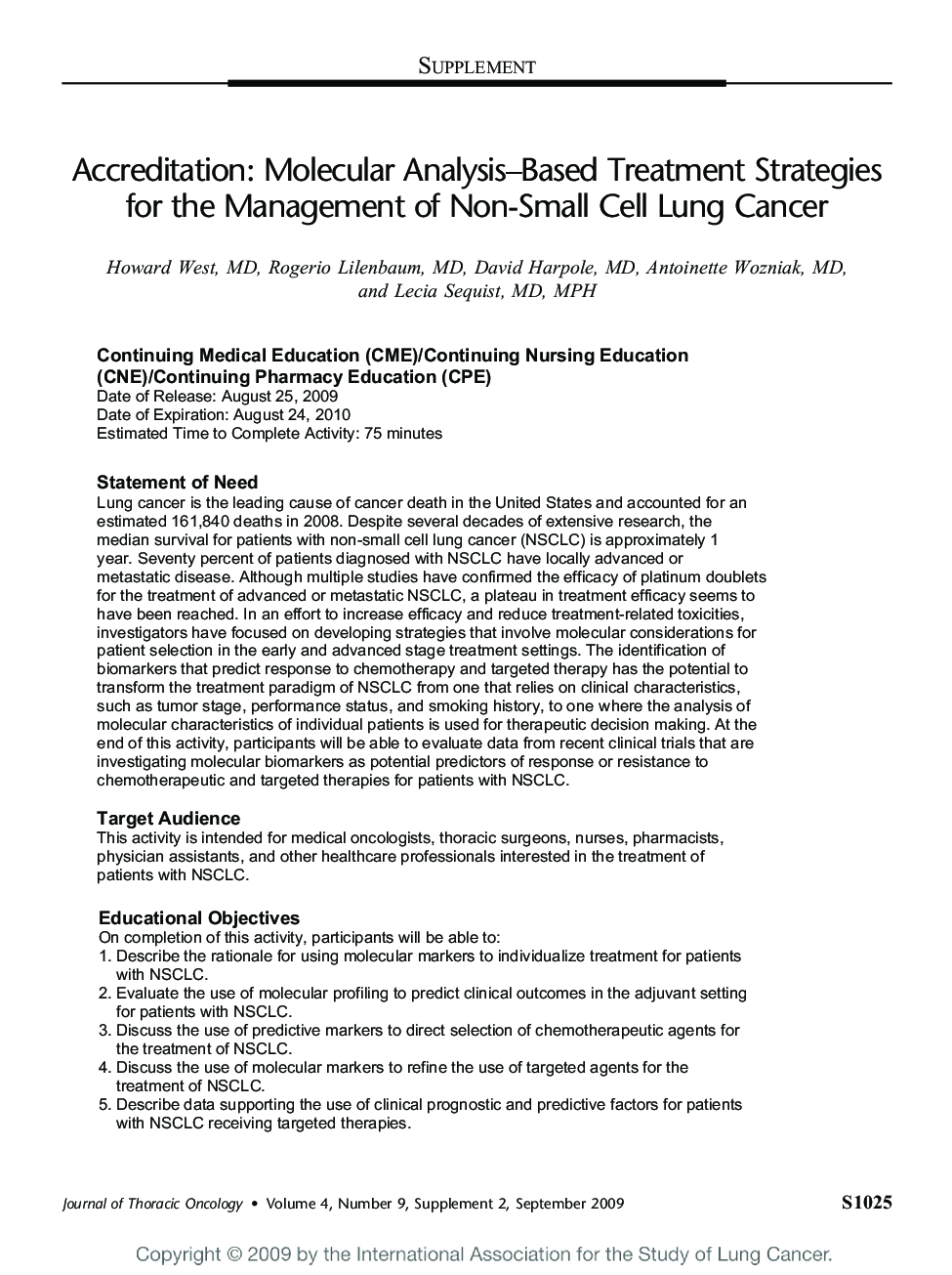 Accreditation: Molecular Analysis-Based Treatment Strategies for the Management of Non-Small Cell Lung Cancer