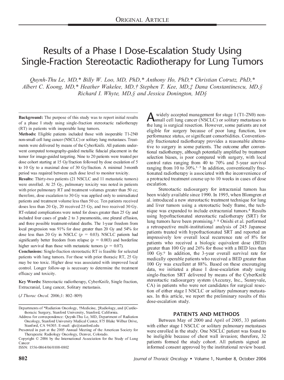 Results of a Phase I Dose-Escalation Study Using Single-Fraction Stereotactic Radiotherapy for Lung Tumors 