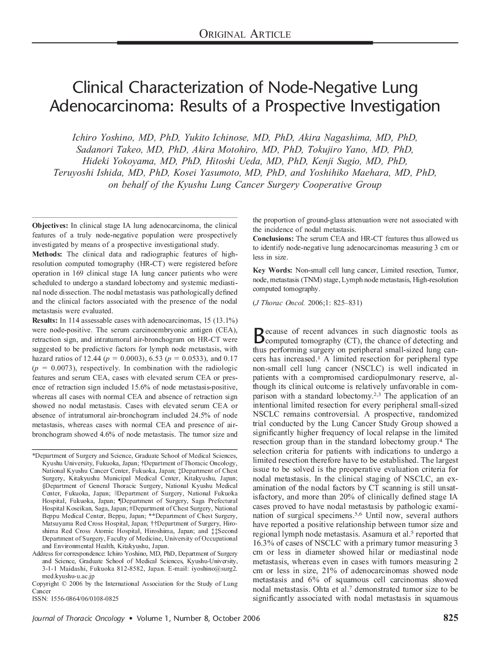 Clinical Characterization of Node-Negative Lung Adenocarcinoma: Results of a Prospective Investigation