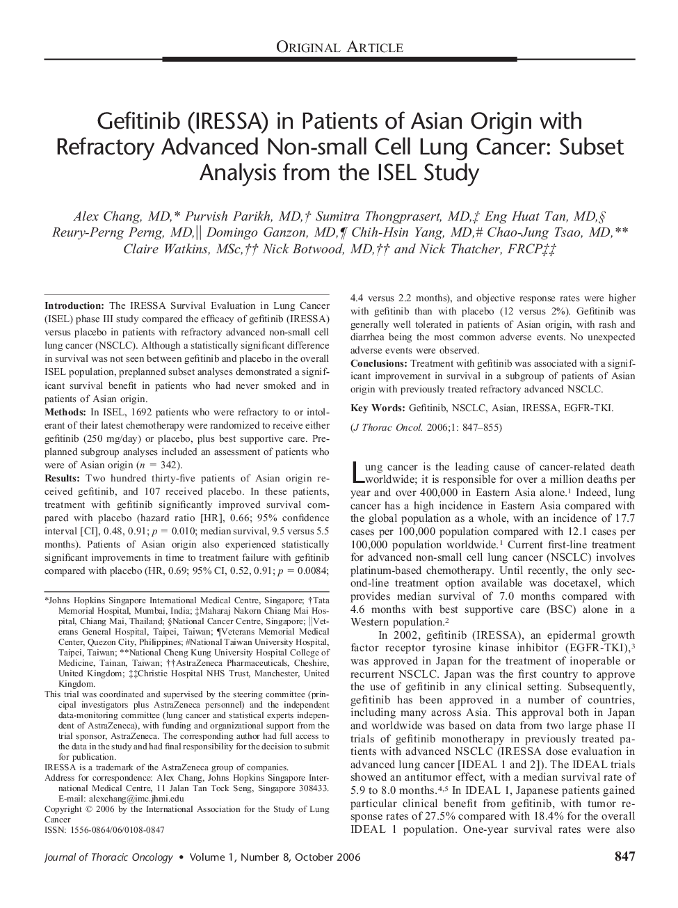 Gefitinib (IRESSA) in Patients of Asian Origin with Refractory Advanced Non-small Cell Lung Cancer: Subset Analysis from the ISEL Study 