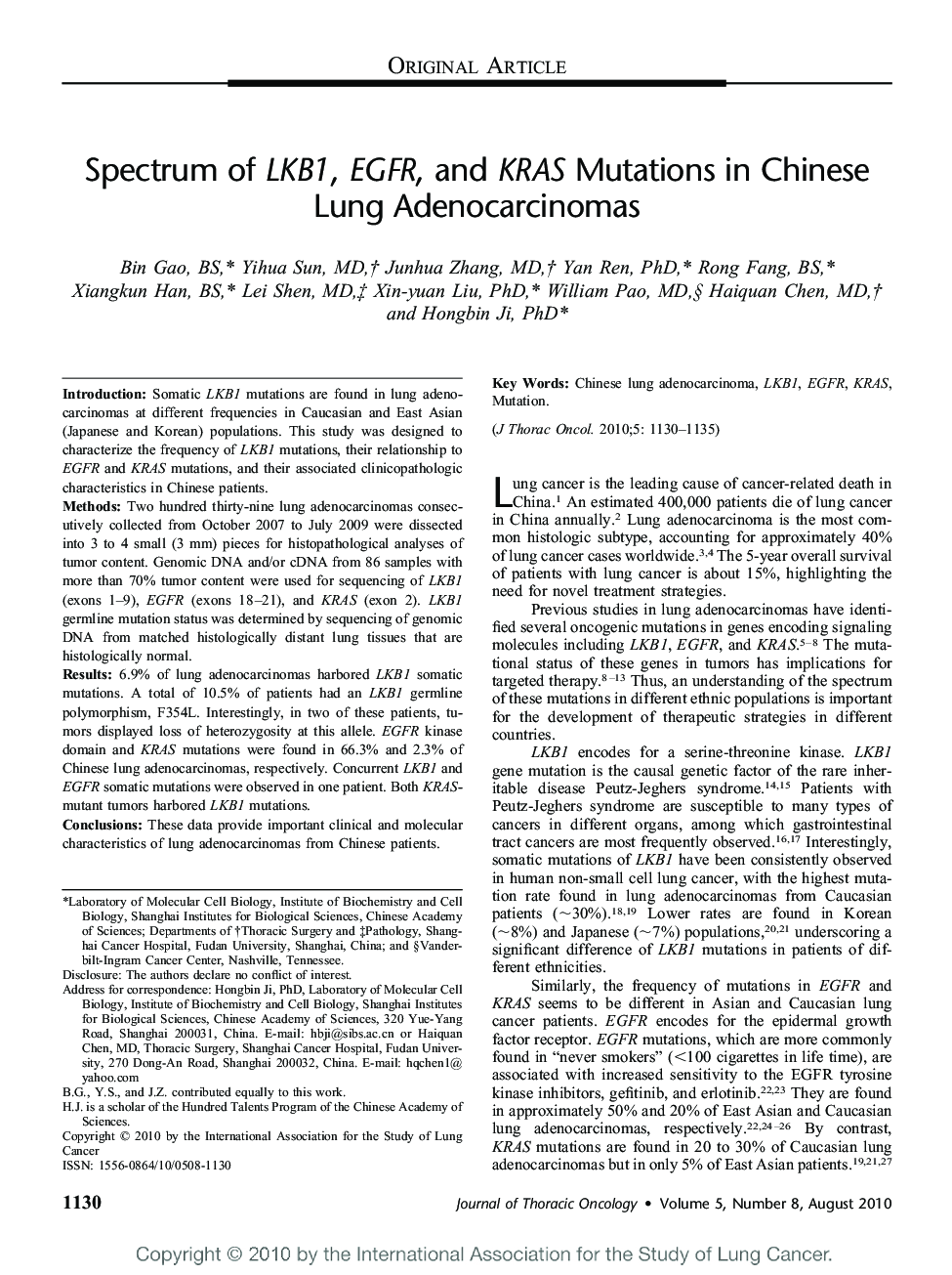 Spectrum of LKB1, EGFR, and KRAS Mutations in Chinese Lung Adenocarcinomas 