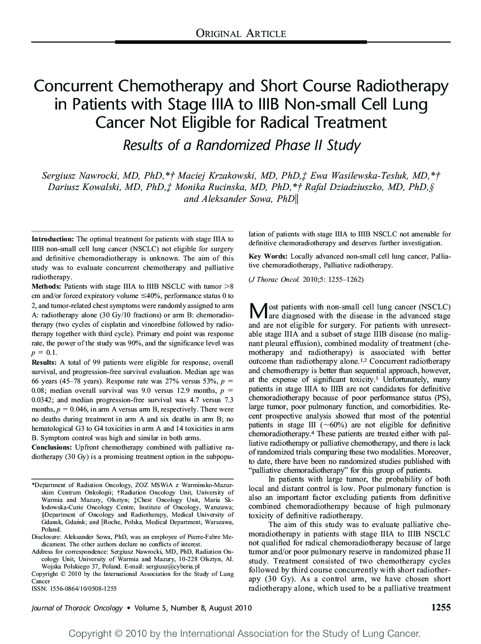 Concurrent Chemotherapy and Short Course Radiotherapy in Patients with Stage IIIA to IIIB Non-small Cell Lung Cancer Not Eligible for Radical Treatment: Results of a Randomized Phase II Study 